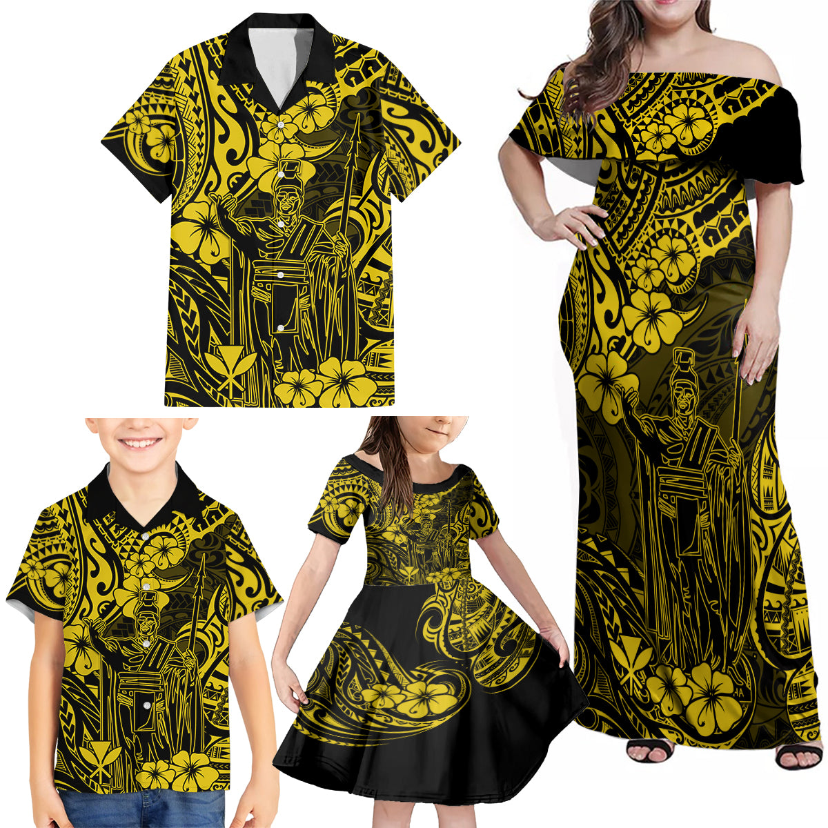 Hawaii King Kamehameha Family Matching Off Shoulder Maxi Dress and Hawaiian Shirt Polynesian Pattern Yellow Version - Wonder Print Shop