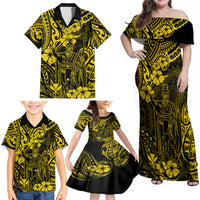 Hawaii King Kamehameha Family Matching Off Shoulder Maxi Dress and Hawaiian Shirt Polynesian Pattern Yellow Version - Wonder Print Shop