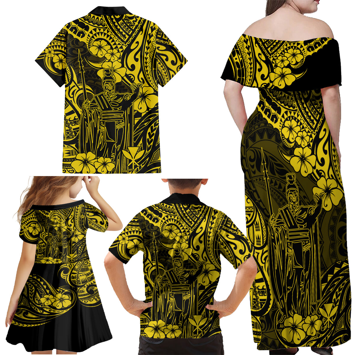 Hawaii King Kamehameha Family Matching Off Shoulder Maxi Dress and Hawaiian Shirt Polynesian Pattern Yellow Version - Wonder Print Shop
