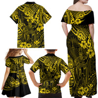 Hawaii King Kamehameha Family Matching Off Shoulder Maxi Dress and Hawaiian Shirt Polynesian Pattern Yellow Version - Wonder Print Shop