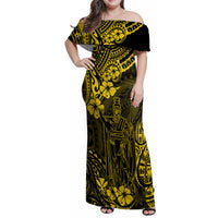 Hawaii King Kamehameha Family Matching Off Shoulder Maxi Dress and Hawaiian Shirt Polynesian Pattern Yellow Version - Wonder Print Shop