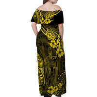 Hawaii King Kamehameha Family Matching Off Shoulder Maxi Dress and Hawaiian Shirt Polynesian Pattern Yellow Version - Wonder Print Shop