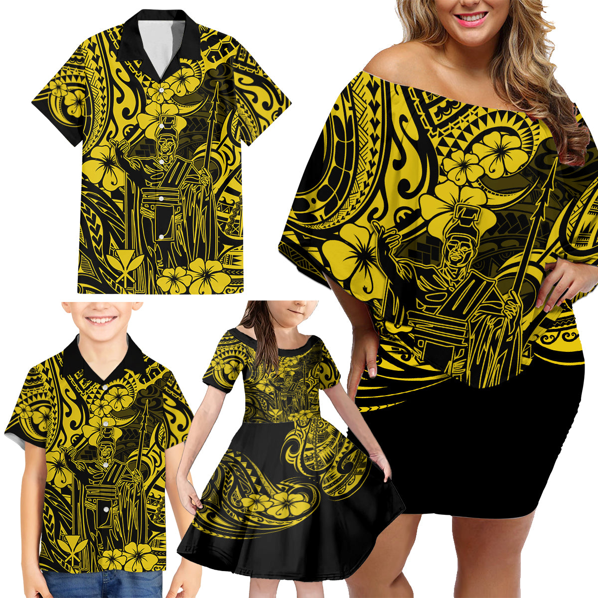 Hawaii King Kamehameha Family Matching Off Shoulder Short Dress and Hawaiian Shirt Polynesian Pattern Yellow Version - Wonder Print Shop