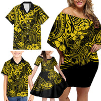 Hawaii King Kamehameha Family Matching Off Shoulder Short Dress and Hawaiian Shirt Polynesian Pattern Yellow Version - Wonder Print Shop