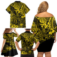 Hawaii King Kamehameha Family Matching Off Shoulder Short Dress and Hawaiian Shirt Polynesian Pattern Yellow Version - Wonder Print Shop