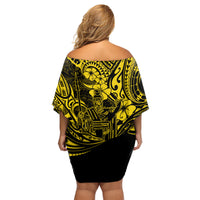 Hawaii King Kamehameha Family Matching Off Shoulder Short Dress and Hawaiian Shirt Polynesian Pattern Yellow Version - Wonder Print Shop