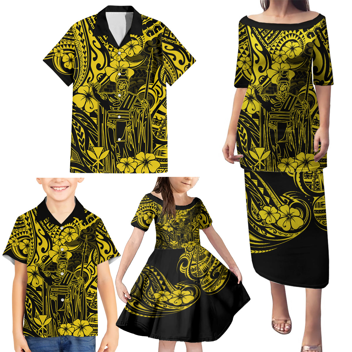 Hawaii King Kamehameha Family Matching Puletasi Dress and Hawaiian Shirt Polynesian Pattern Yellow Version - Wonder Print Shop