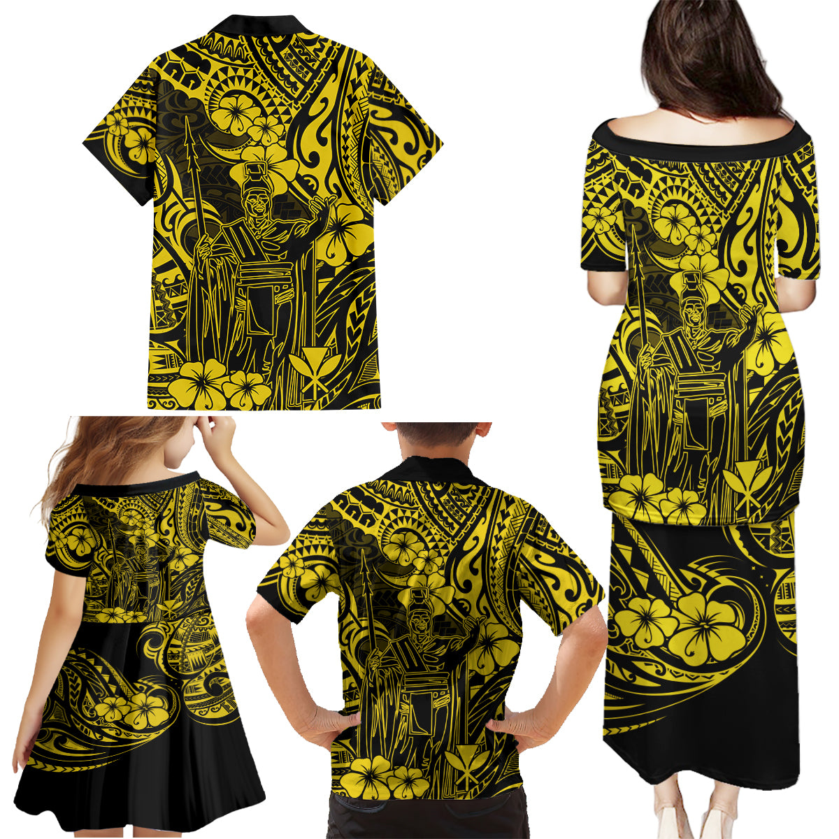 Hawaii King Kamehameha Family Matching Puletasi Dress and Hawaiian Shirt Polynesian Pattern Yellow Version - Wonder Print Shop