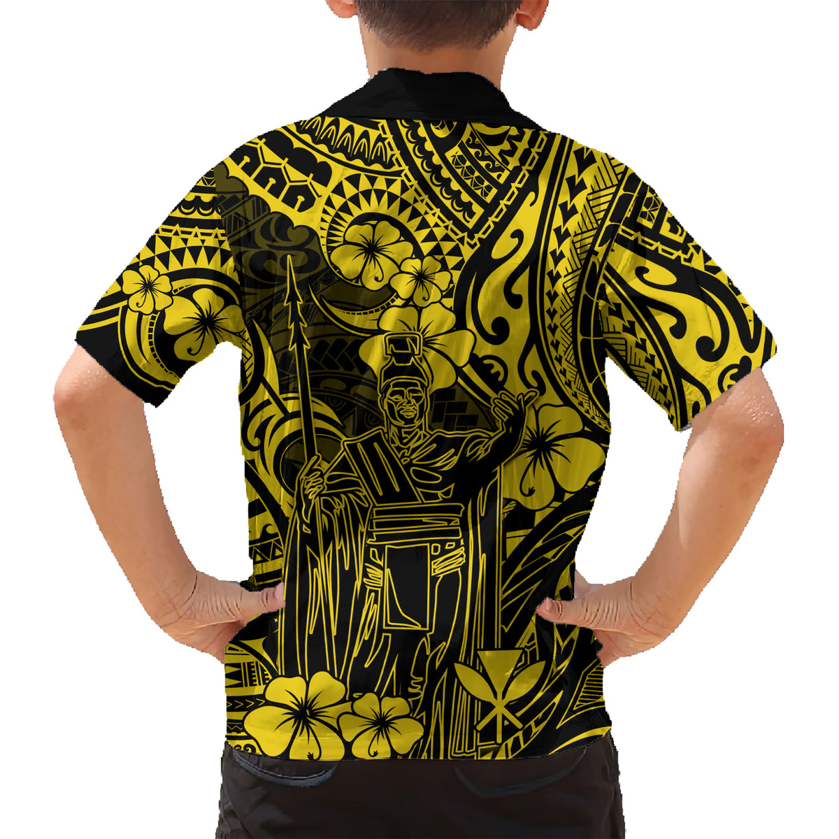 Hawaii King Kamehameha Family Matching Short Sleeve Bodycon Dress and Hawaiian Shirt Polynesian Pattern Yellow Version - Wonder Print Shop