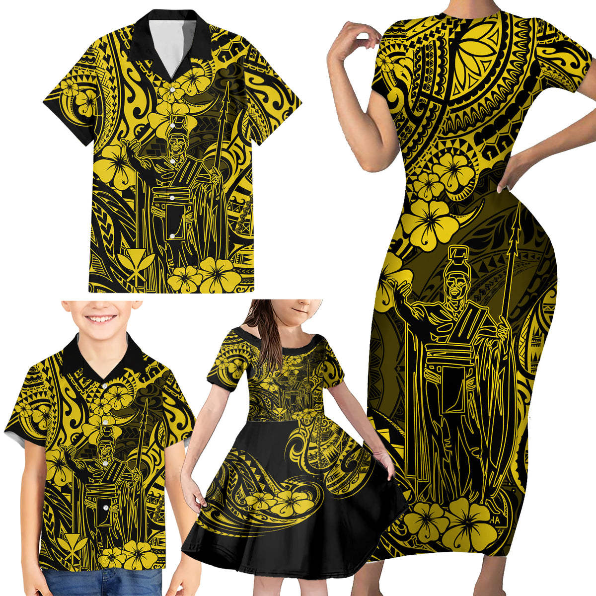 Hawaii King Kamehameha Family Matching Short Sleeve Bodycon Dress and Hawaiian Shirt Polynesian Pattern Yellow Version - Wonder Print Shop