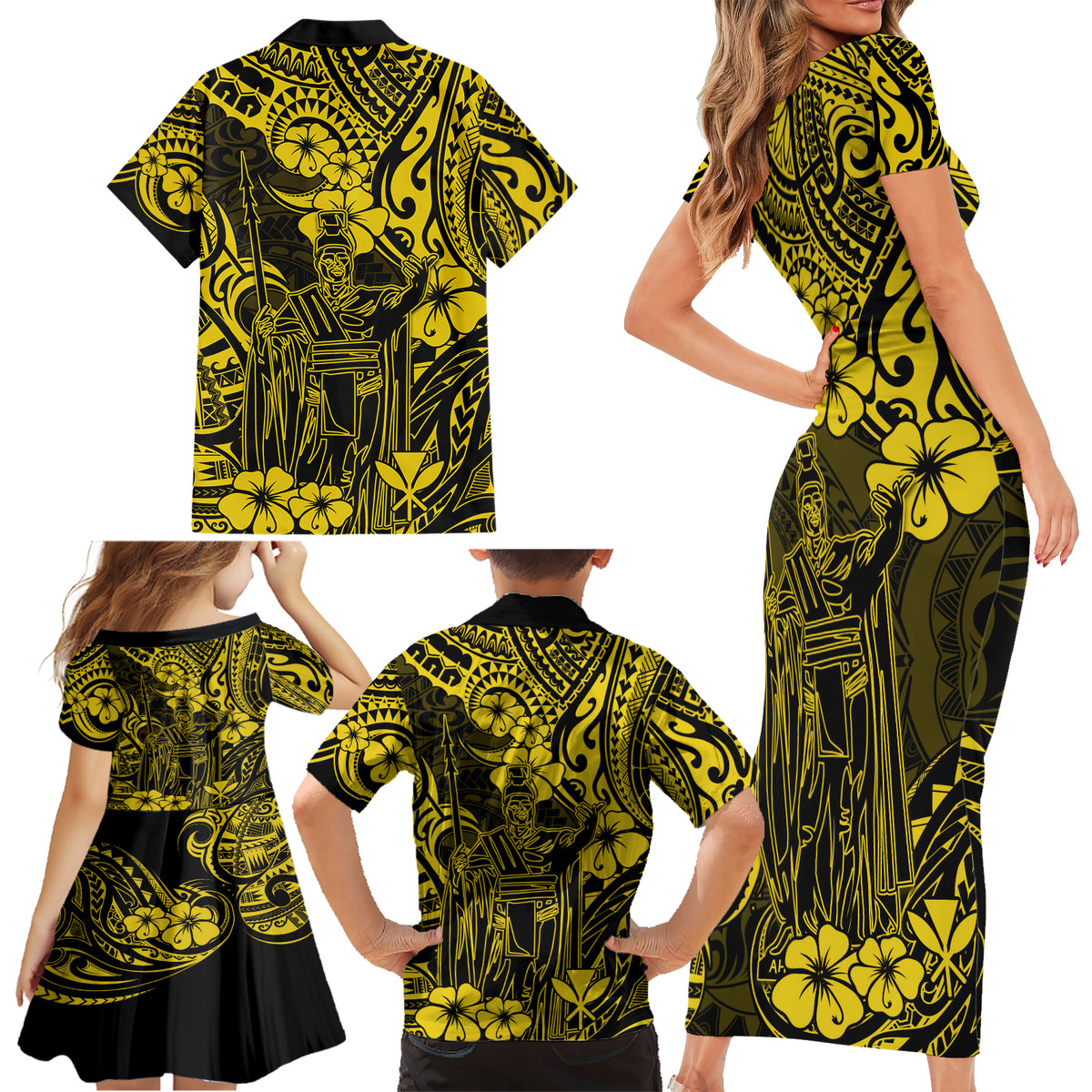 Hawaii King Kamehameha Family Matching Short Sleeve Bodycon Dress and Hawaiian Shirt Polynesian Pattern Yellow Version - Wonder Print Shop