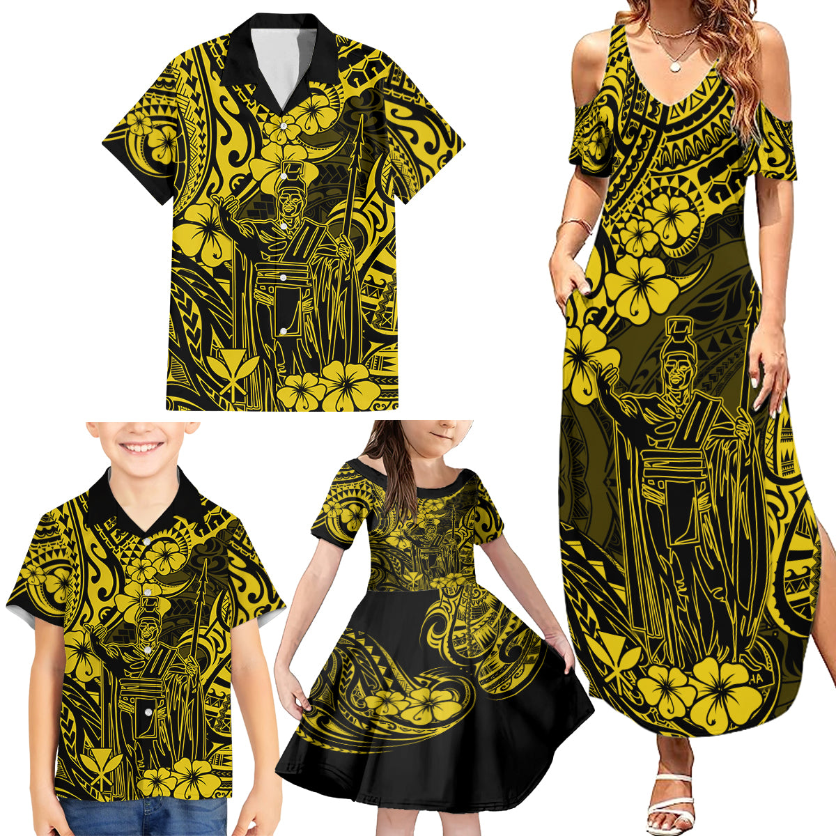 Hawaii King Kamehameha Family Matching Summer Maxi Dress and Hawaiian Shirt Polynesian Pattern Yellow Version - Wonder Print Shop