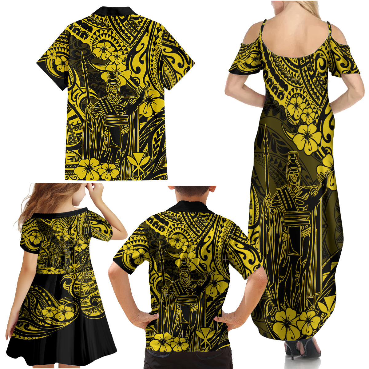 Hawaii King Kamehameha Family Matching Summer Maxi Dress and Hawaiian Shirt Polynesian Pattern Yellow Version - Wonder Print Shop
