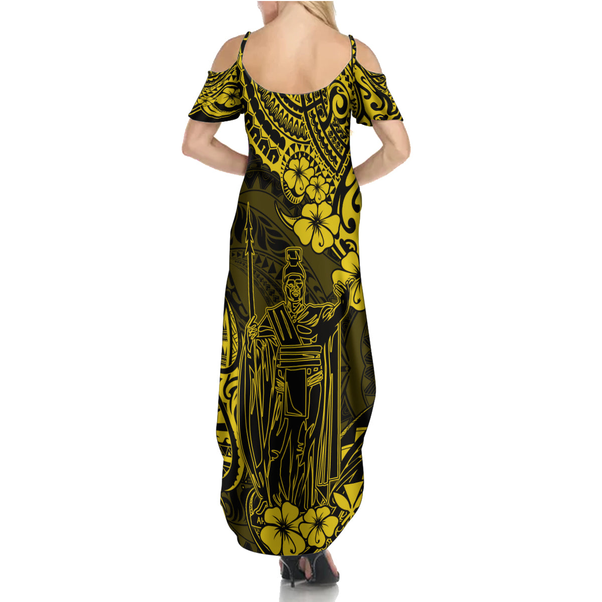 Hawaii King Kamehameha Family Matching Summer Maxi Dress and Hawaiian Shirt Polynesian Pattern Yellow Version - Wonder Print Shop