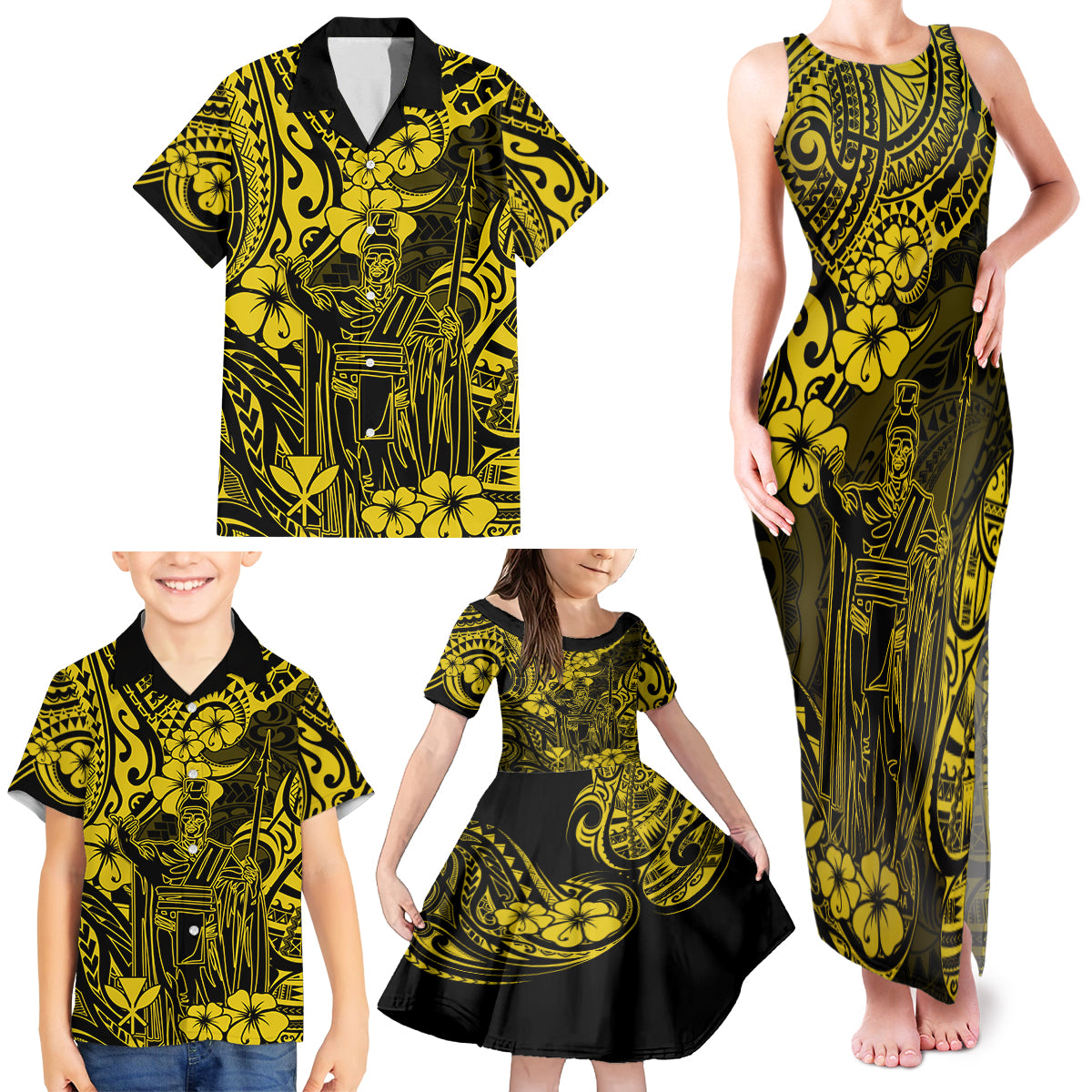 Hawaii King Kamehameha Family Matching Tank Maxi Dress and Hawaiian Shirt Polynesian Pattern Yellow Version - Wonder Print Shop