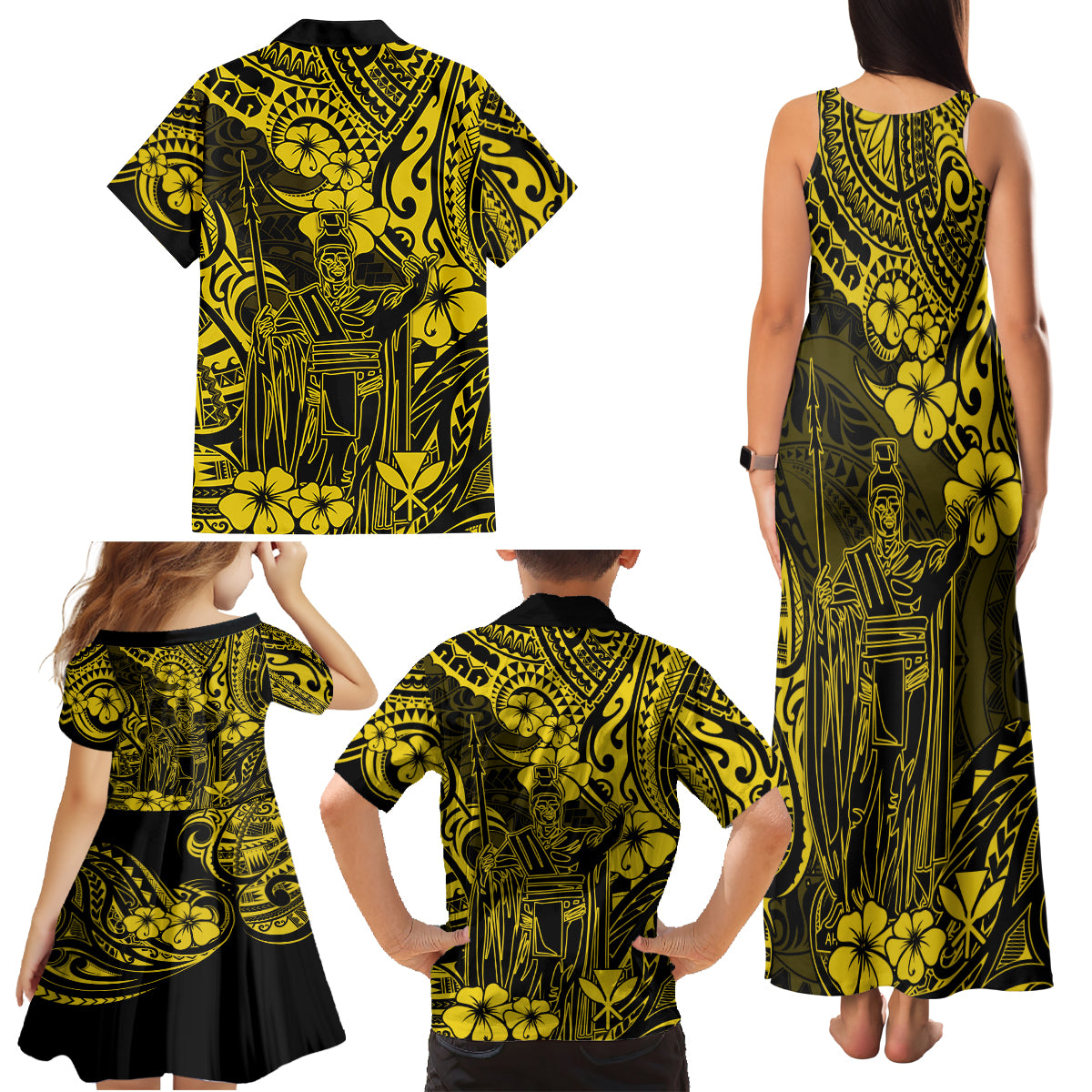 Hawaii King Kamehameha Family Matching Tank Maxi Dress and Hawaiian Shirt Polynesian Pattern Yellow Version - Wonder Print Shop