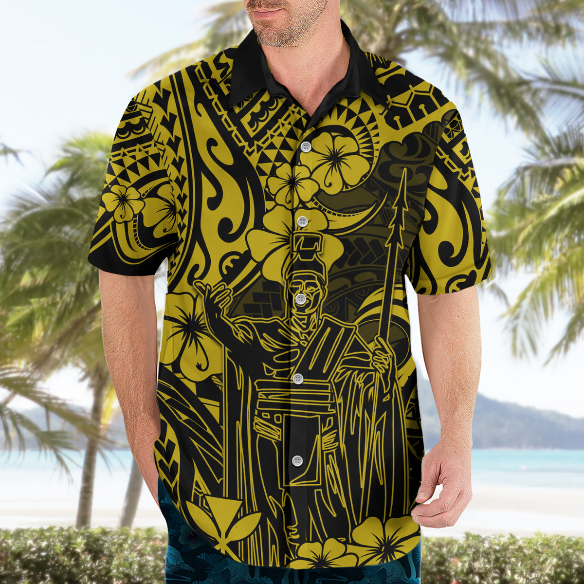 Hawaii King Kamehameha Hawaiian Shirt Polynesian Pattern Yellow Version - Wonder Print Shop