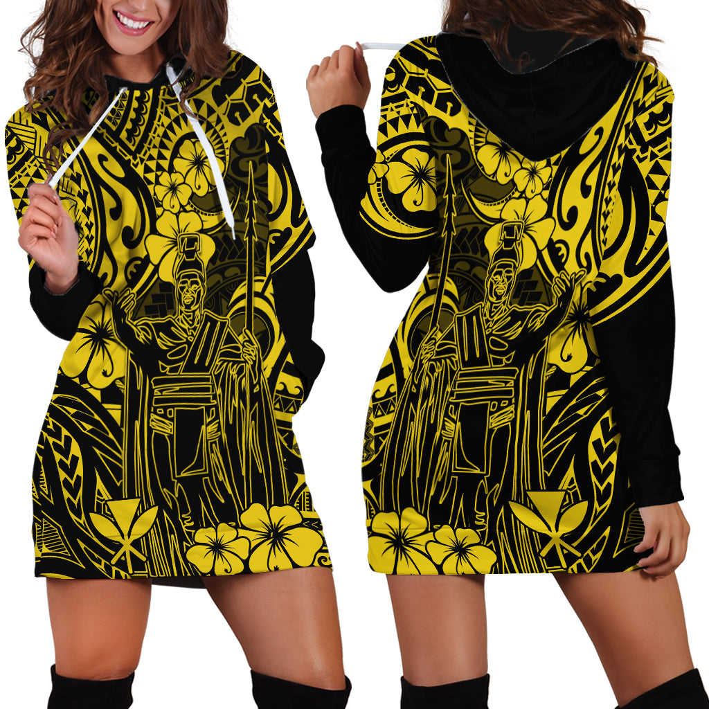 Hawaii King Kamehameha Hoodie Dress Polynesian Pattern Yellow Version - Wonder Print Shop