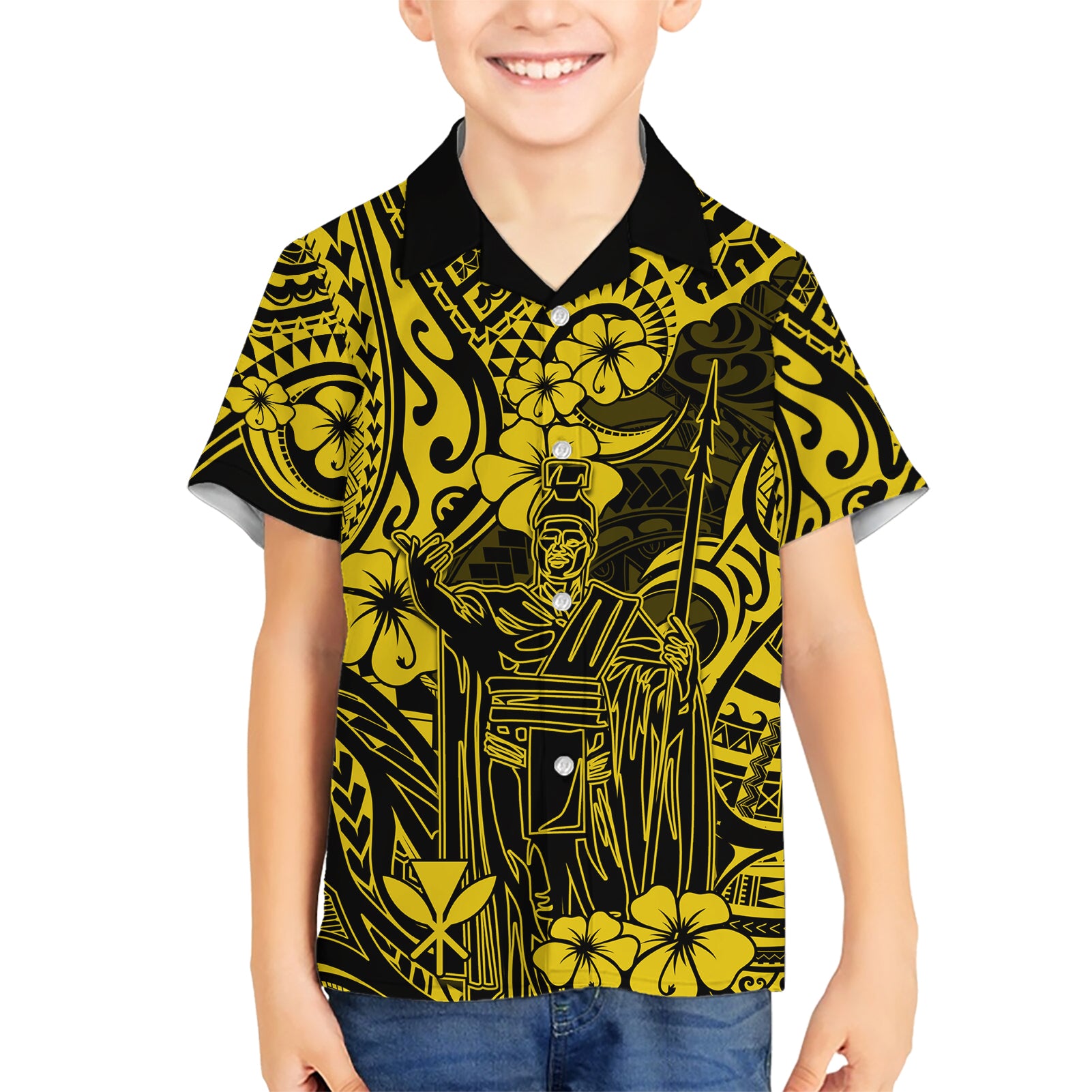Hawaii King Kamehameha Kid Hawaiian Shirt Polynesian Pattern Yellow Version - Wonder Print Shop