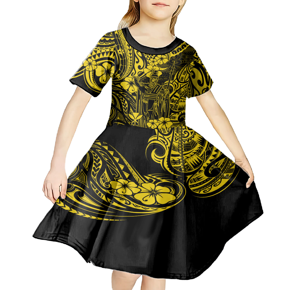 Hawaii King Kamehameha Kid Short Sleeve Dress Polynesian Pattern Yellow Version - Wonder Print Shop