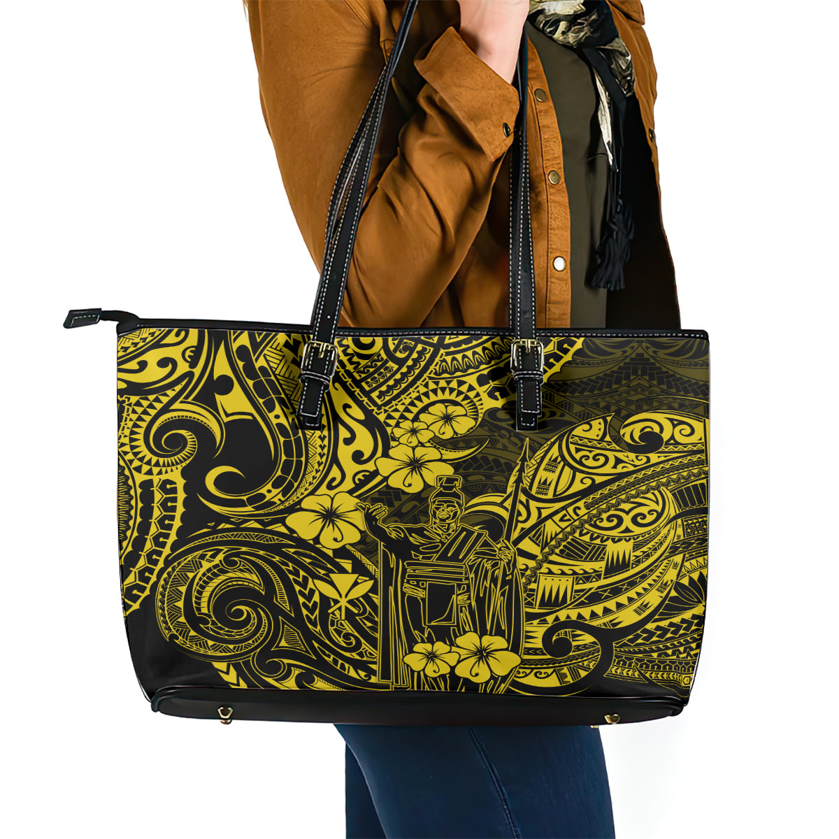 Hawaii King Kamehameha Leather Tote Bag Polynesian Pattern Yellow Version - Wonder Print Shop