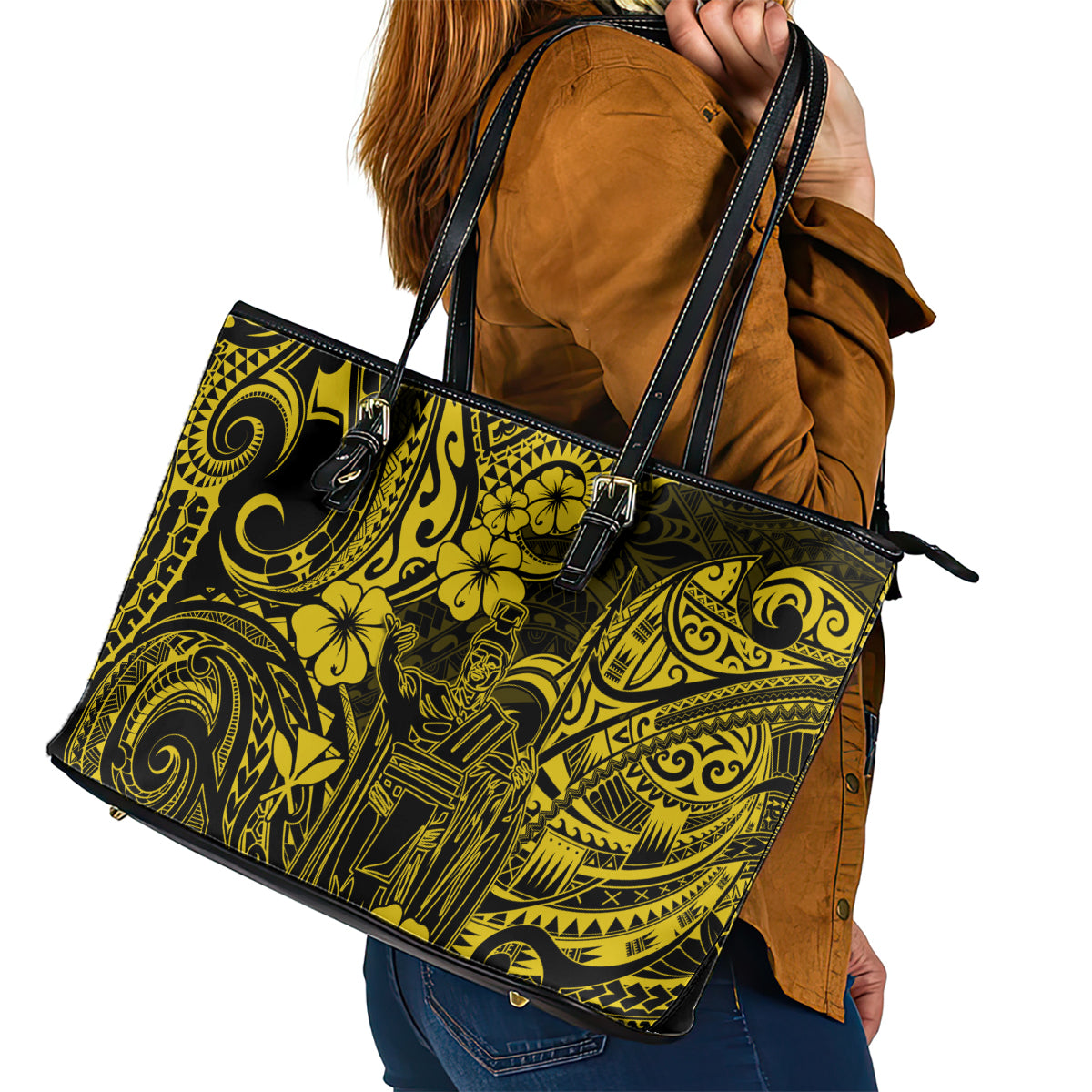 Hawaii King Kamehameha Leather Tote Bag Polynesian Pattern Yellow Version - Wonder Print Shop