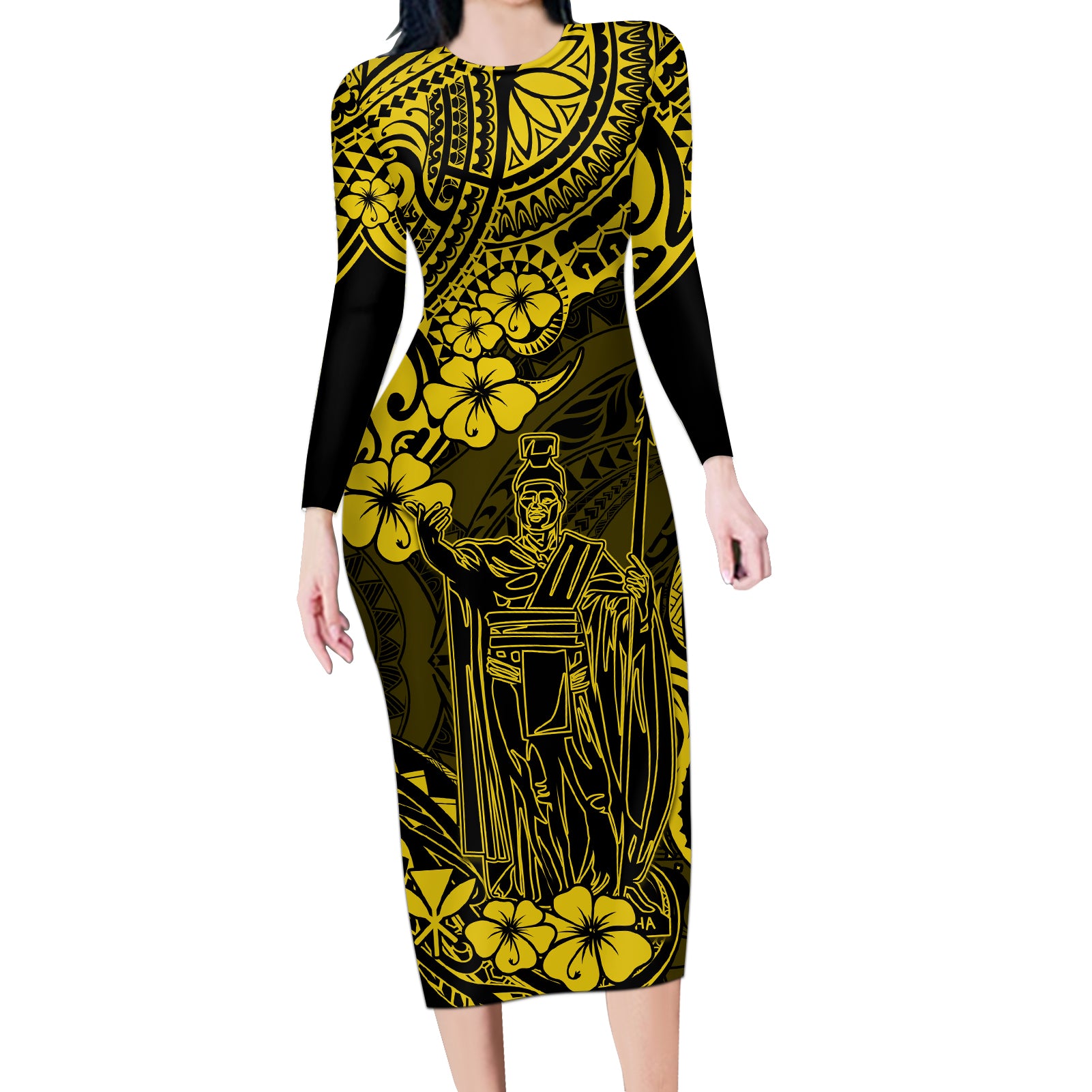Hawaii King Kamehameha Long Sleeve Bodycon Dress Polynesian Pattern Yellow Version - Wonder Print Shop