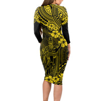 Hawaii King Kamehameha Long Sleeve Bodycon Dress Polynesian Pattern Yellow Version - Wonder Print Shop