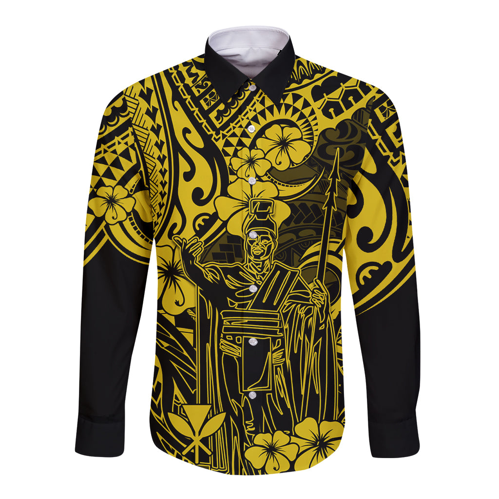 Hawaii King Kamehameha Long Sleeve Button Shirt Polynesian Pattern Yellow Version - Wonder Print Shop