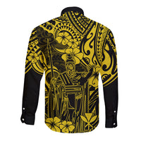 Hawaii King Kamehameha Long Sleeve Button Shirt Polynesian Pattern Yellow Version - Wonder Print Shop
