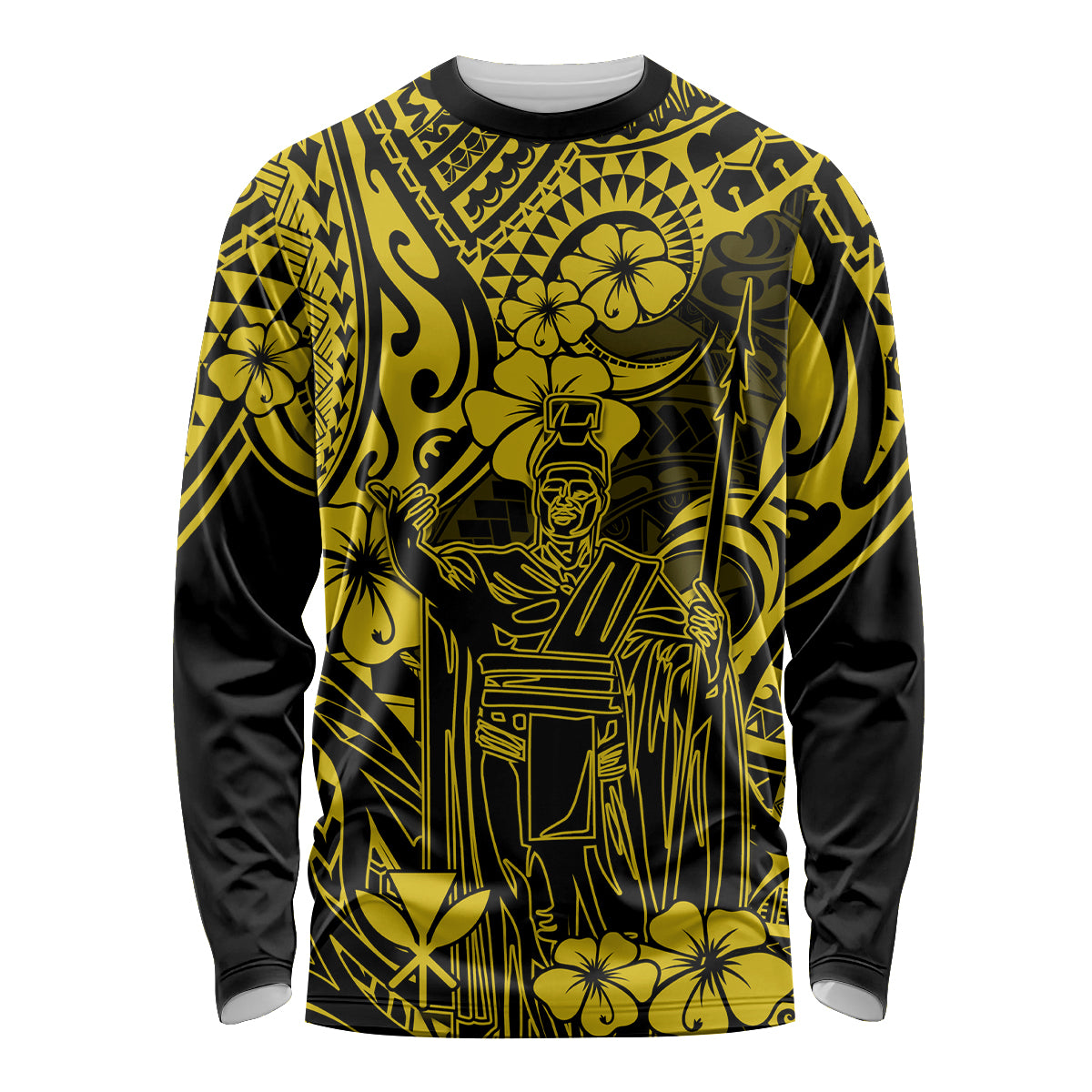 Hawaii King Kamehameha Long Sleeve Shirt Polynesian Pattern Yellow Version - Wonder Print Shop
