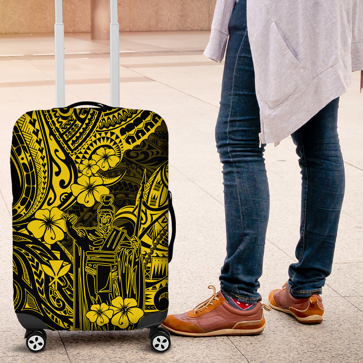 Hawaii King Kamehameha Luggage Cover Polynesian Pattern Yellow Version - Wonder Print Shop