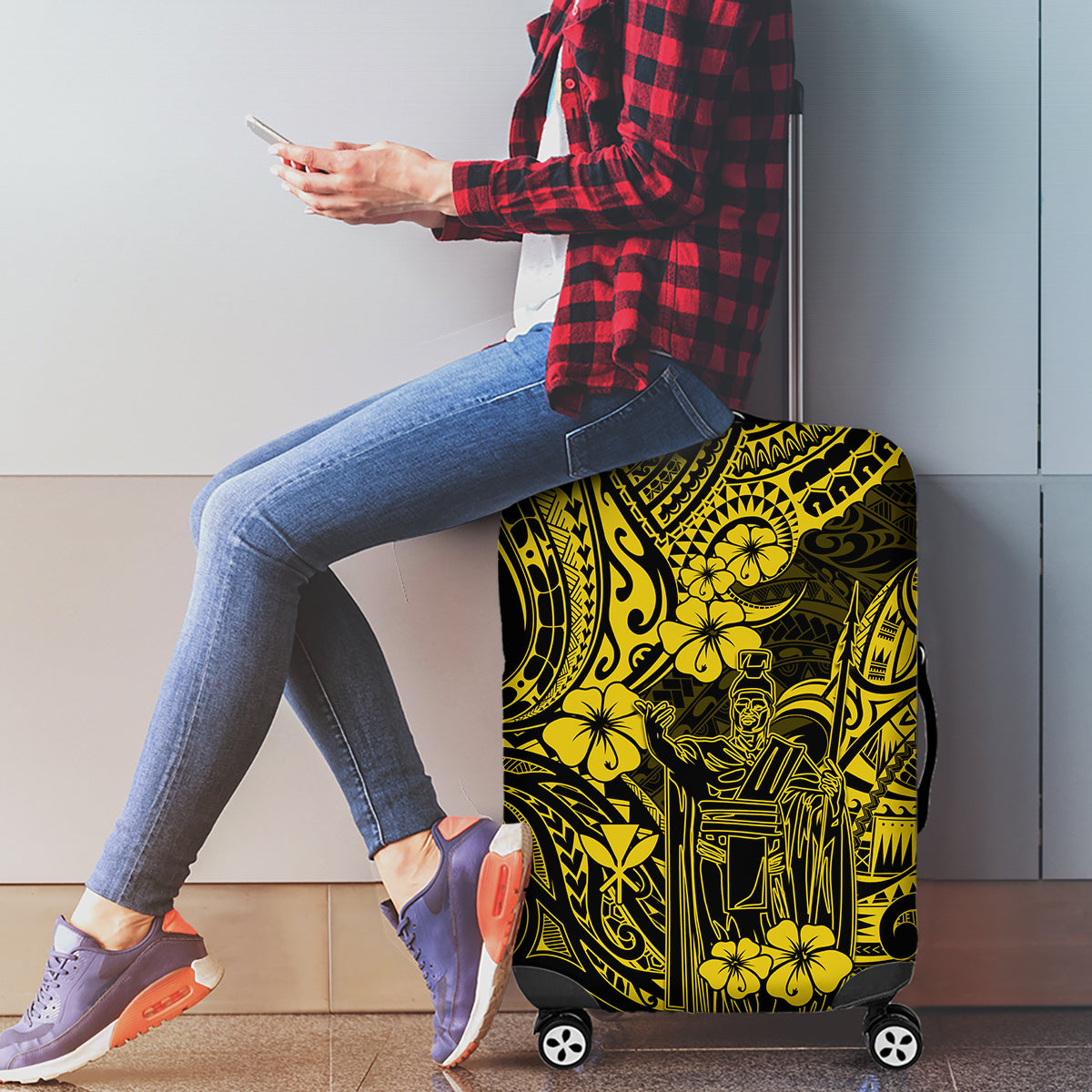 Hawaii King Kamehameha Luggage Cover Polynesian Pattern Yellow Version - Wonder Print Shop