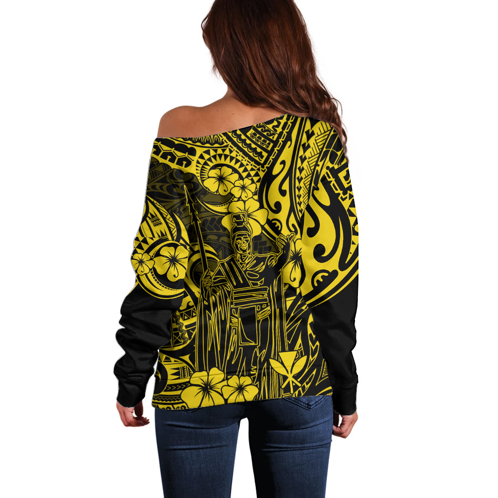 Hawaii King Kamehameha Off Shoulder Sweater Polynesian Pattern Yellow Version - Wonder Print Shop
