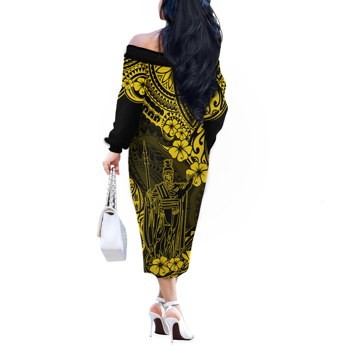 Hawaii King Kamehameha Off The Shoulder Long Sleeve Dress Polynesian Pattern Yellow Version - Wonder Print Shop