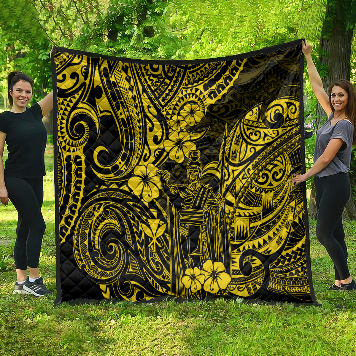 Hawaii King Kamehameha Quilt Polynesian Pattern Yellow Version - Wonder Print Shop