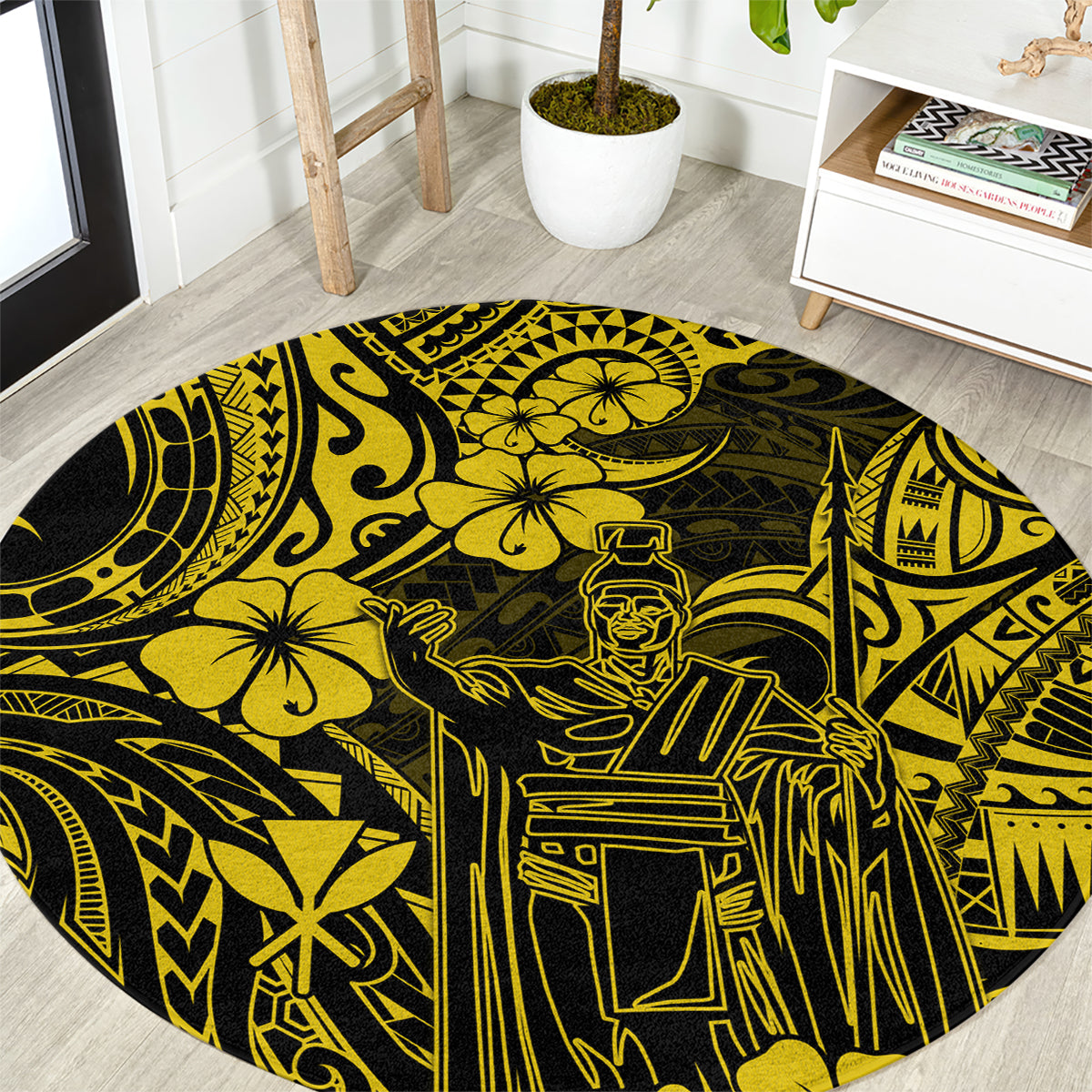 hawaii-king-kamehameha-round-carpet-polynesian-pattern-yellow-version