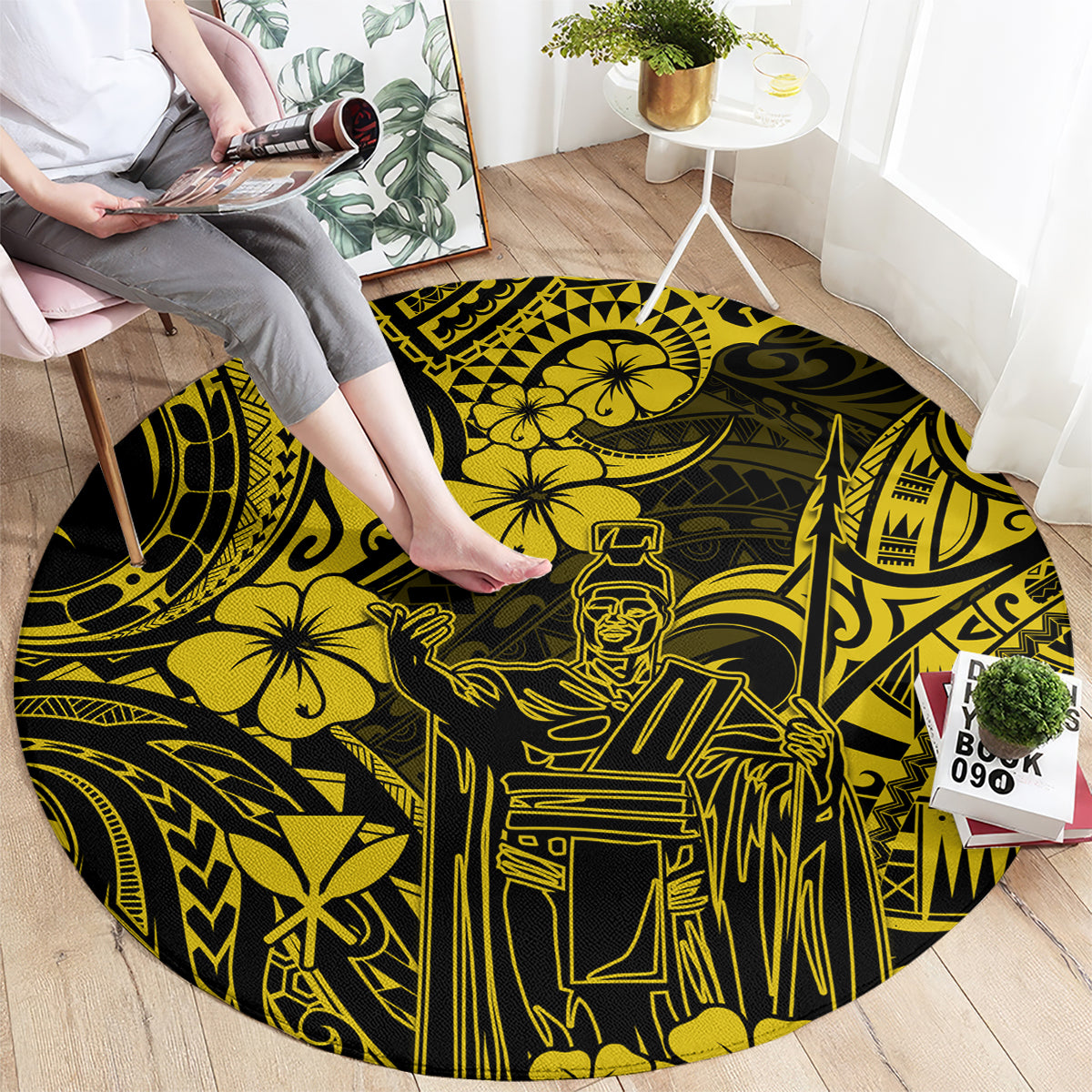 hawaii-king-kamehameha-round-carpet-polynesian-pattern-yellow-version