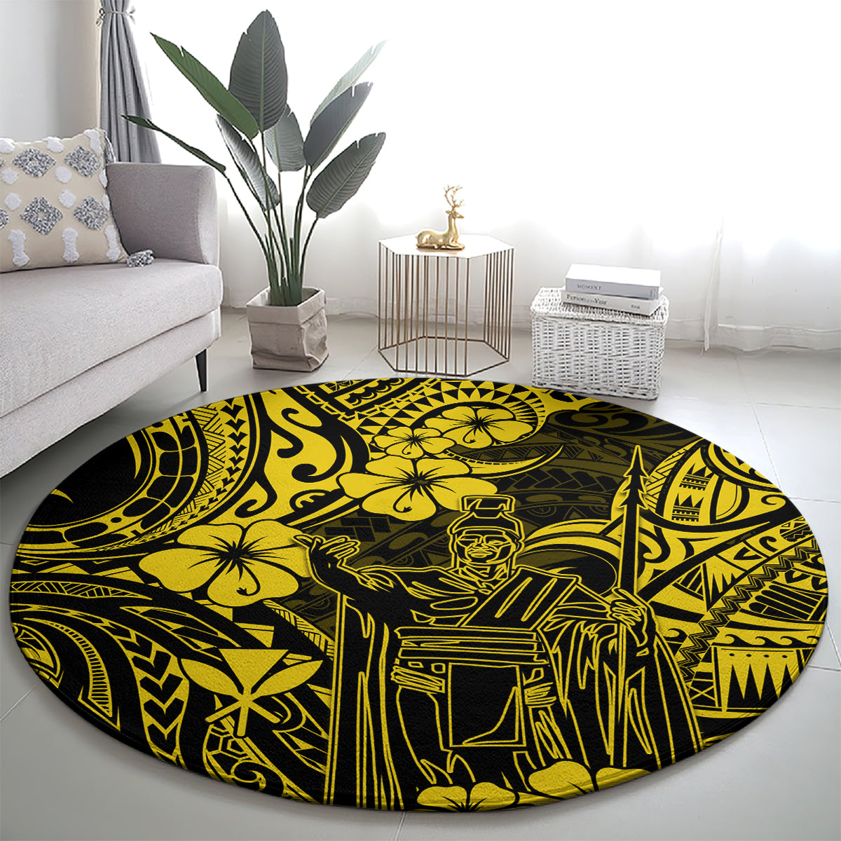 hawaii-king-kamehameha-round-carpet-polynesian-pattern-yellow-version