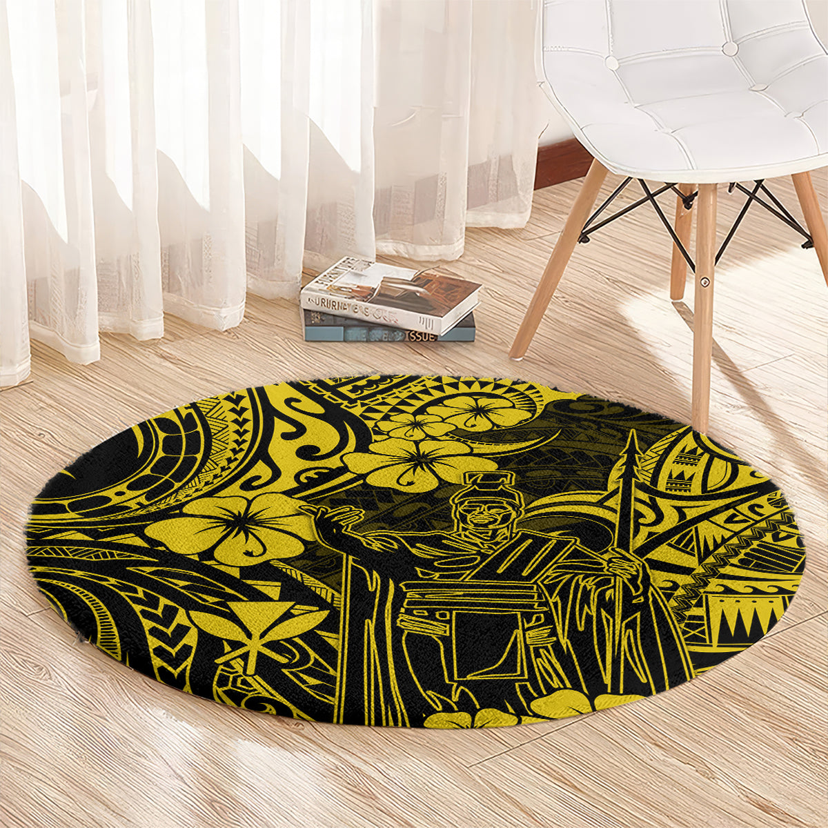 hawaii-king-kamehameha-round-carpet-polynesian-pattern-yellow-version