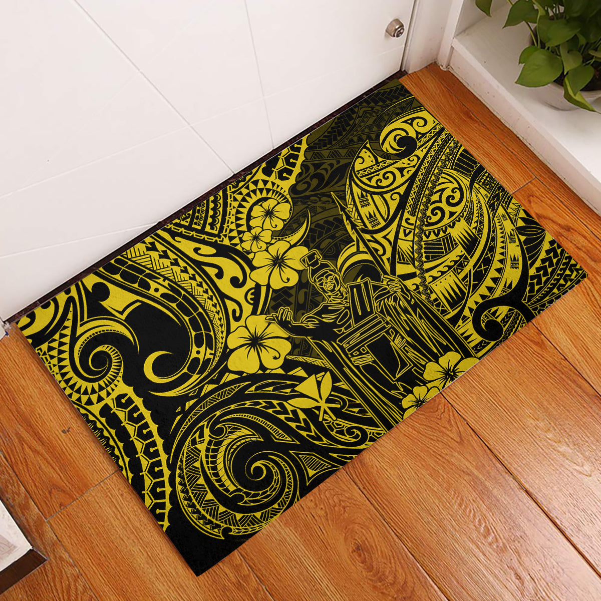 Hawaii King Kamehameha Rubber Doormat Polynesian Pattern Yellow Version - Wonder Print Shop