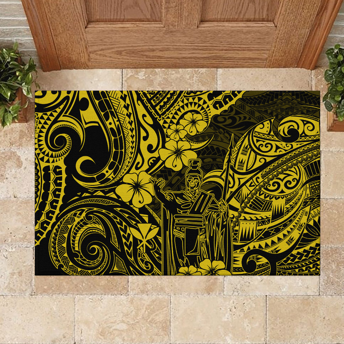 Hawaii King Kamehameha Rubber Doormat Polynesian Pattern Yellow Version - Wonder Print Shop