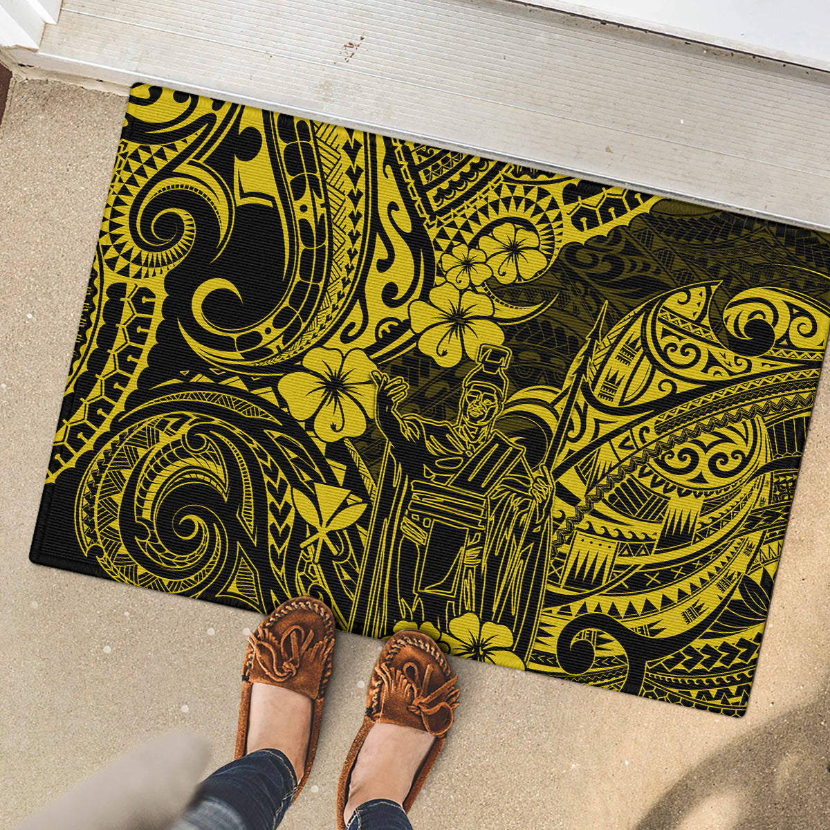 Hawaii King Kamehameha Rubber Doormat Polynesian Pattern Yellow Version - Wonder Print Shop