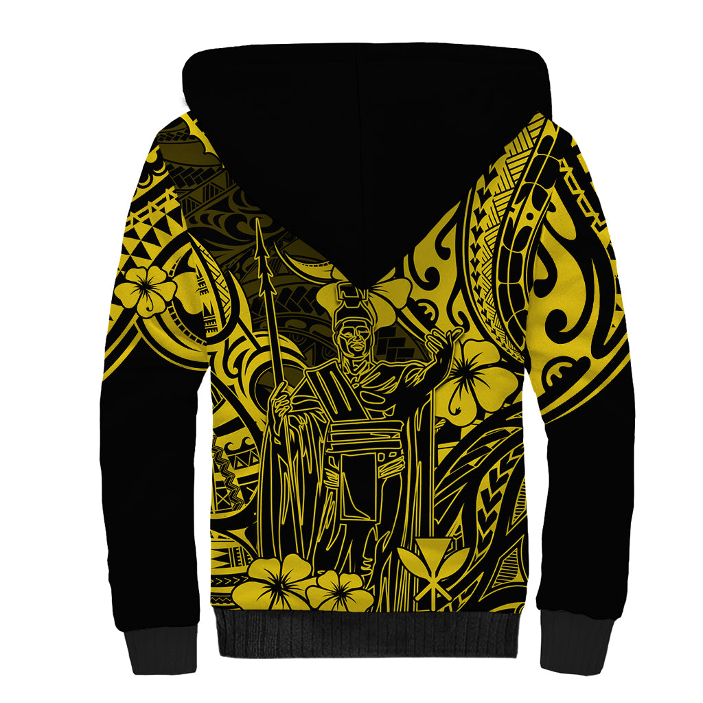 Hawaii King Kamehameha Sherpa Hoodie Polynesian Pattern Yellow Version - Wonder Print Shop