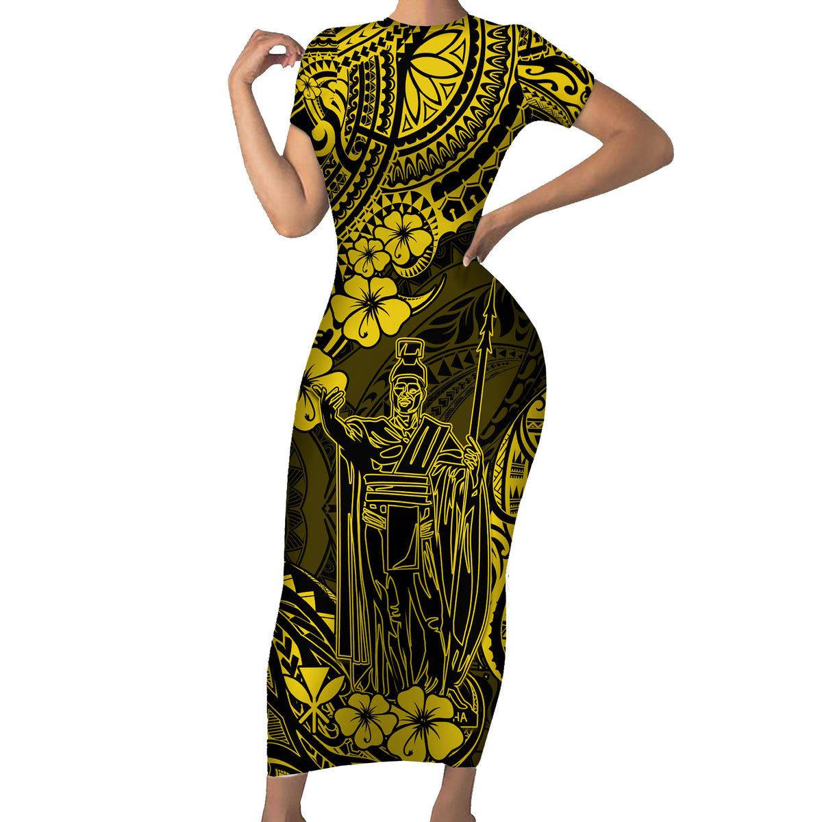 Hawaii King Kamehameha Short Sleeve Bodycon Dress Polynesian Pattern Yellow Version - Wonder Print Shop