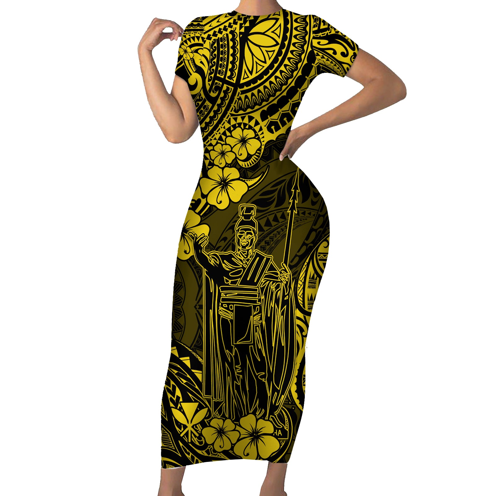 Hawaii King Kamehameha Short Sleeve Bodycon Dress Polynesian Pattern Yellow Version - Wonder Print Shop