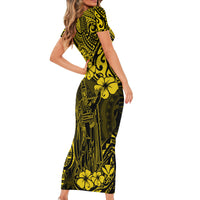 Hawaii King Kamehameha Short Sleeve Bodycon Dress Polynesian Pattern Yellow Version - Wonder Print Shop