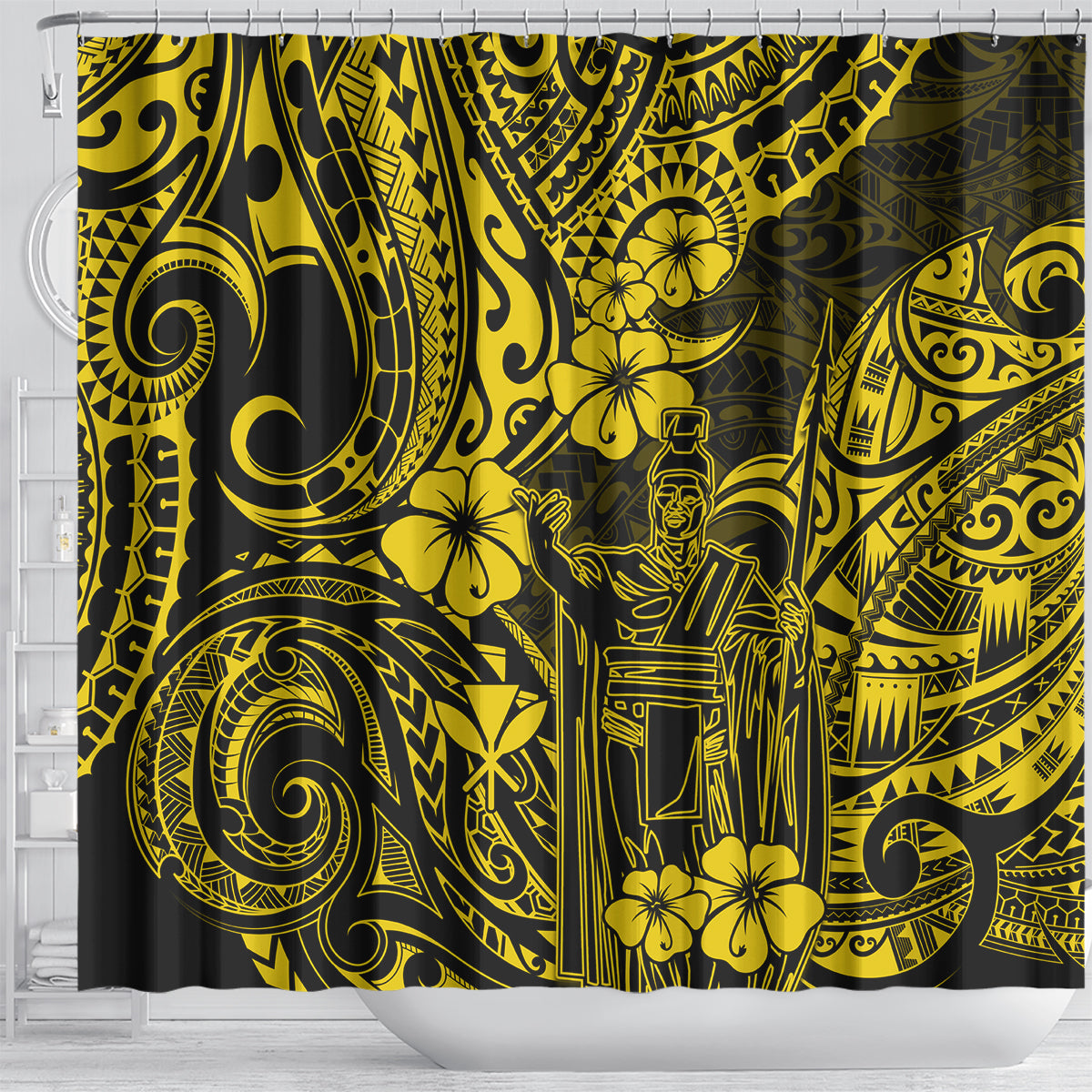 hawaii-king-kamehameha-shower-curtain-polynesian-pattern-yellow-version