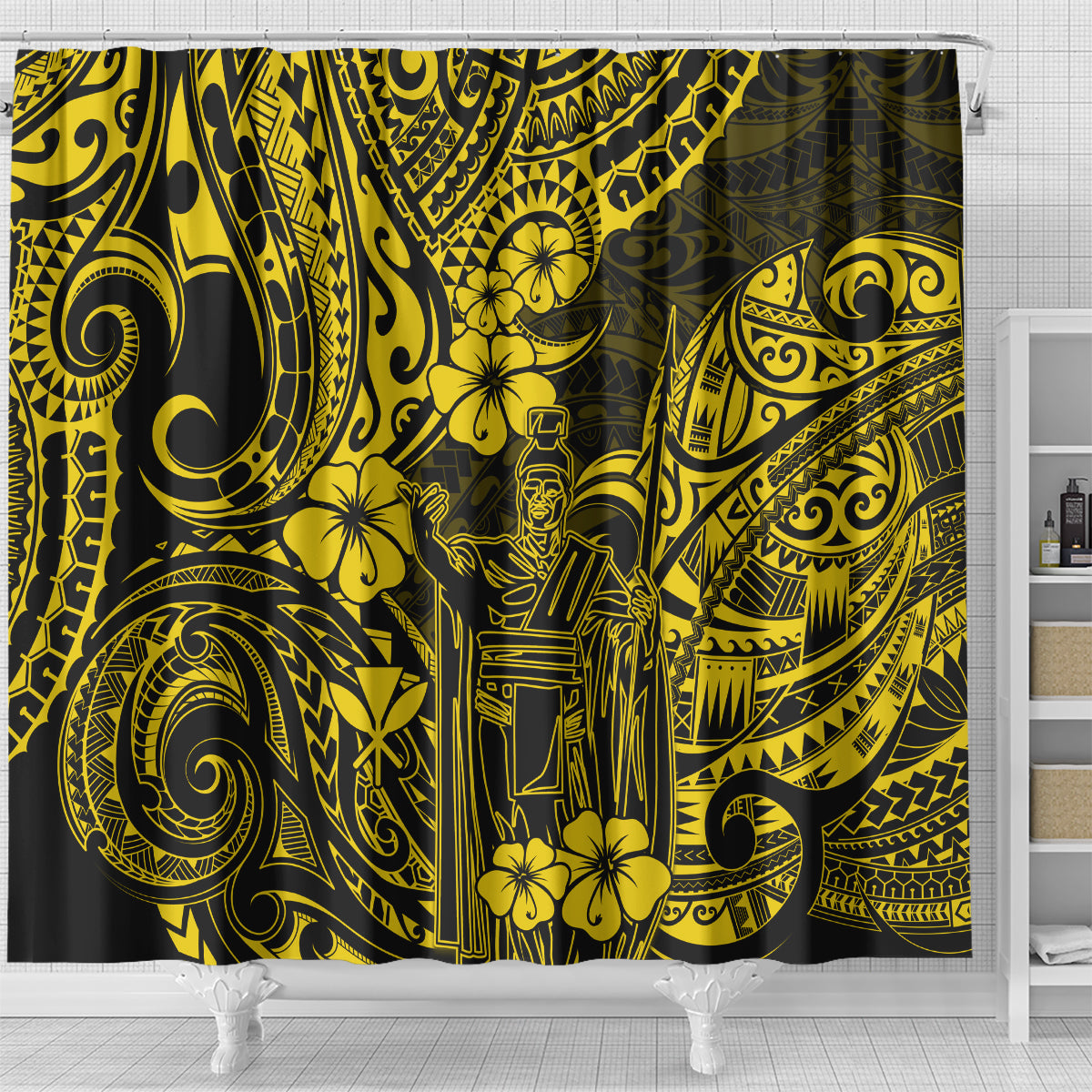 hawaii-king-kamehameha-shower-curtain-polynesian-pattern-yellow-version