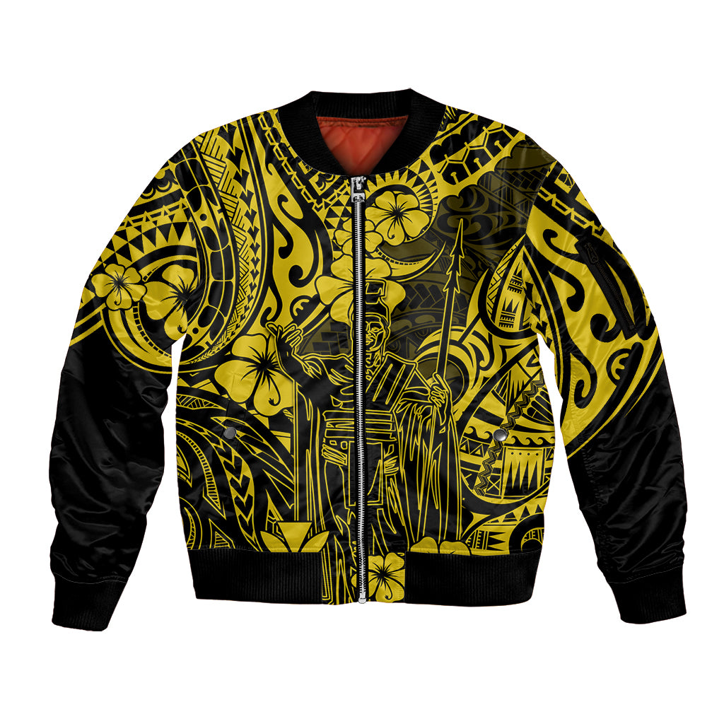 Hawaii King Kamehameha Sleeve Zip Bomber Jacket Polynesian Pattern Yellow Version - Wonder Print Shop